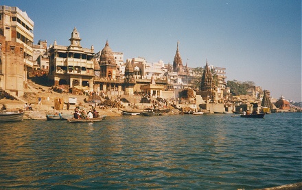 The burning ghats in Varanasi seen from the Ganges River