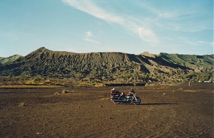 Riding on the sea of sand at the bottom of the Mt Bromo Volcano
