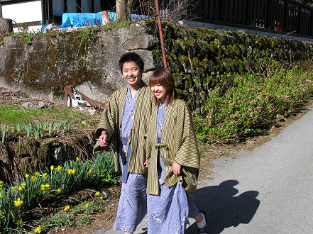Wandering between onsens (thermal springs) in their yukata (casual use kimono)