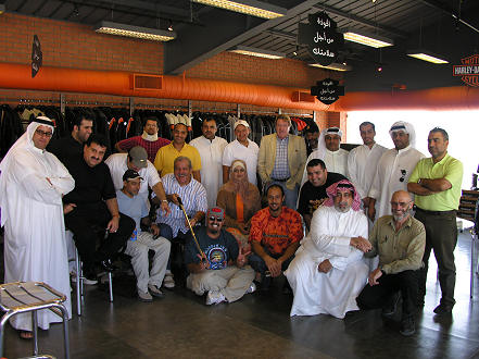 A warm welcome at the Kuwait H-D shop, with me shaking Mr Abu Ali, Heritage's hand