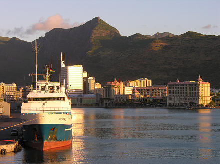 Sunset departure looking back over Port Louis