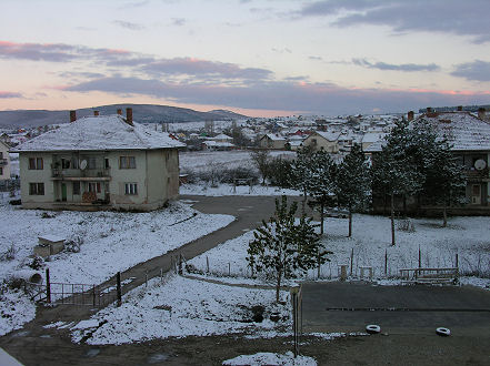 Morning snowy view from our hotel in Pristina