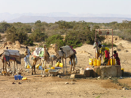 Locals drawing water from a well