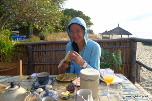 Fanny enjoying breakfast in Tanzania.