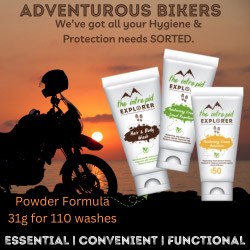 Adventurous Bikers – We've got all your Hygiene & Protection needs SORTED! Powdered Hair & Body Wash, Moisturising Cream Insect Repellent, and Moisturising Cream Sunscreen SPF50. ESSENTIAL | CONVENIENT | FUNCTIONAL.