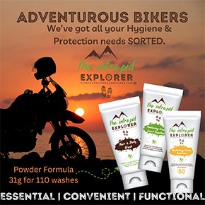 Adventurous Bikers – We've got all your Hygiene & Protection needs SORTED! Powdered Hair & Body Wash, Moisturising Cream Insect Repellent, and Moisturising Cream Sunscreen SPF50. ESSENTIAL | CONVENIENT | FUNCTIONAL.