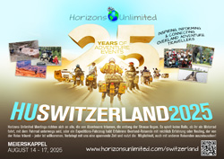 Horizons Unlimited Switzerland 2025 postcard, English.