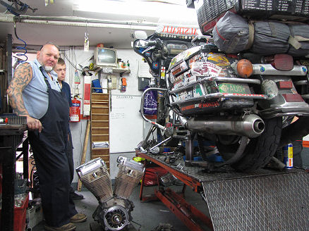 Jumbo, the mechanic who changed our motorcycle's engine at Full Bore Motorcycles