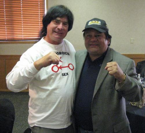 One of the toughest men in the world (left), Roberto Duran, tells me to keep liking the ladies, riding motorcycles around the world, and to hold my wrist straight when hitting.