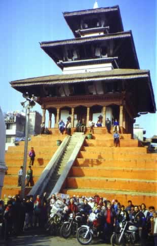 Group at Durbar Square, Kathmandu. L to R - K & C BMW, Rosie 350 Enfield, Angela Dominator, Mike Moto-Guzzi.