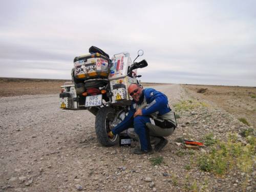 Repairing only the 2nd puncture we have had so far... This one on Ruta 40, Patagonia.